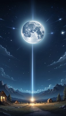 Full moon light beam over mountains