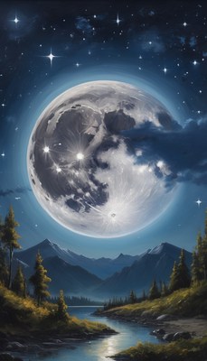 Full moon over mountain river