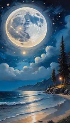 Full moon over coastal landscape