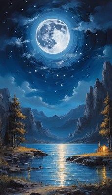 Full moon over mountain lake
