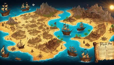 Illustrated pirate map with ships and islands