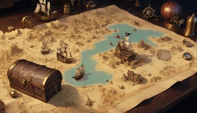 Treasure map with ships and chest