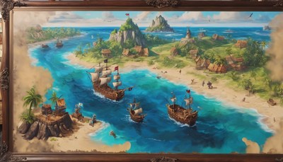 Framed painting of island with ships