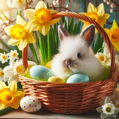 Easter bunny in basket with eggs