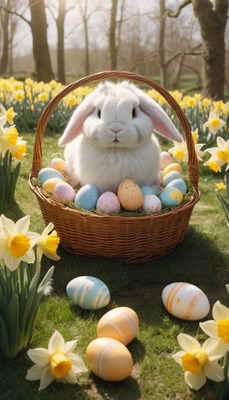 Easter bunny in basket with eggs