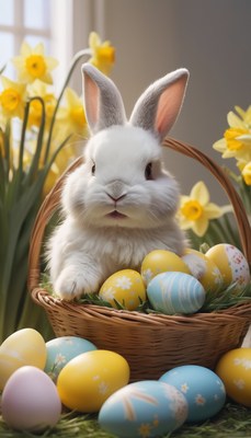 White bunny in basket with easter eggs