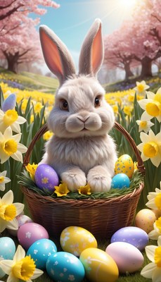 Easter bunny in flower field