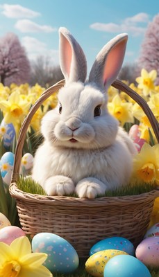 White bunny in basket with easter eggs