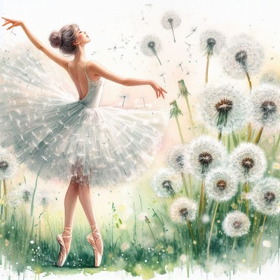 Ballerina dancing among dandelions