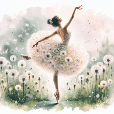 Ballerina dancing in dandelion field