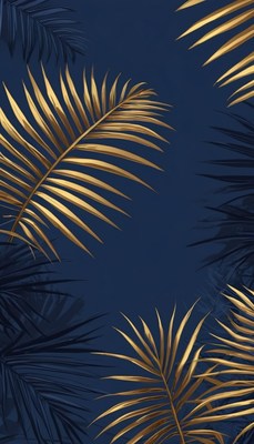 Golden palm leaves on blue background
