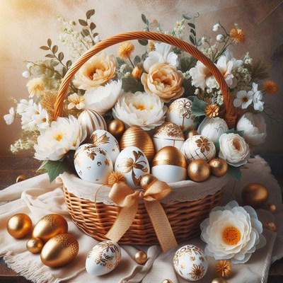 Golden easter eggs in a basket
