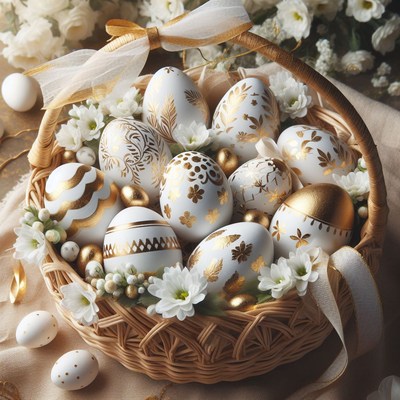 Decorated easter eggs in a basket
