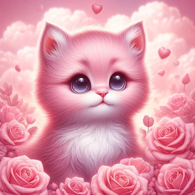 Pink kitten in a garden of roses