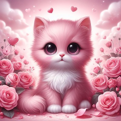 Pink kitten in rose garden