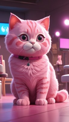 Pink cat sitting on pink floor