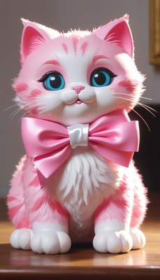 Pink cat with bow sitting on table