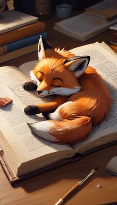 Fox napping on open book