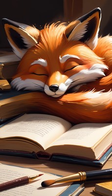 Fox sleeping on open book
