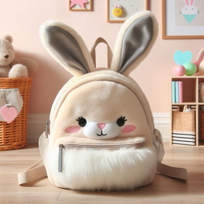 Plush bunny backpack on wooden floor