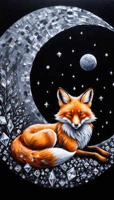 Fox resting on crescent moon