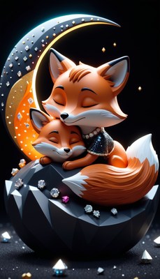 Fox family under crescent moon