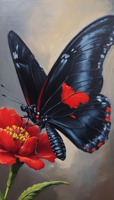 Black butterfly on red flower