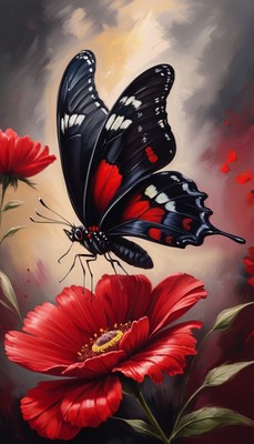 Black and red butterfly on red flower