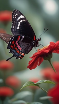 Black butterfly on red flower