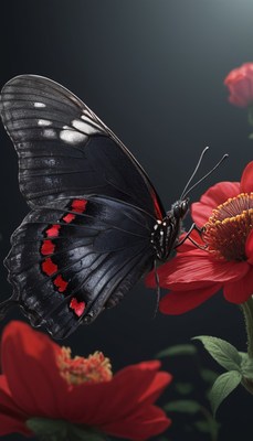 Black butterfly on red flower