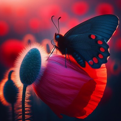 Butterfly on poppy at sunset