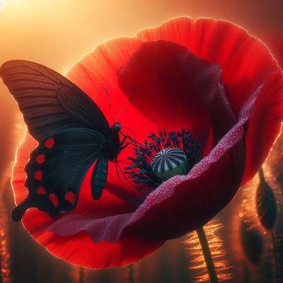 Black butterfly on red poppy