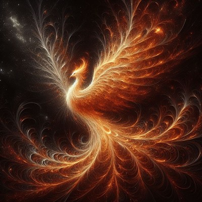 Fiery phoenix ascending in the night sky