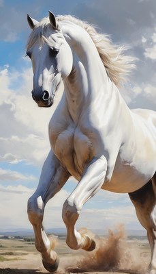 White horse running in desert