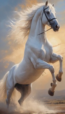 White horse running at sunset