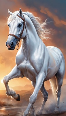 White horse running at sunset