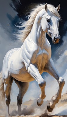 White horse galloping through dust