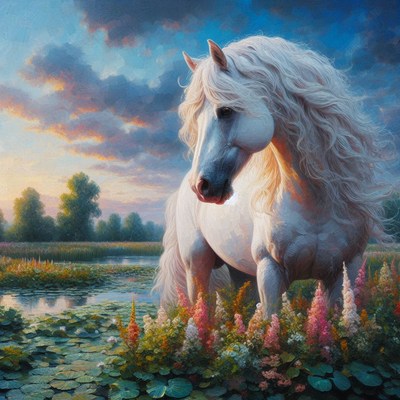White horse in a meadow at sunset
