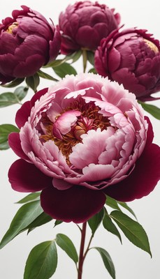 Pink and burgundy peonies in bloom