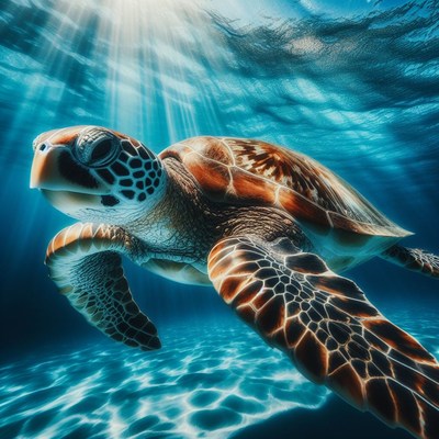 Sea turtle swimming in sunlight
