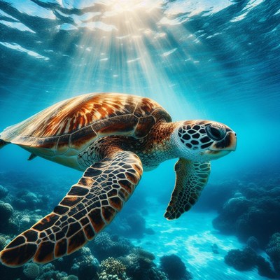 Sea turtle swimming in sunlight