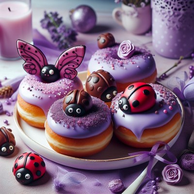 Purple glazed donuts with ladybug and butterfly decorations