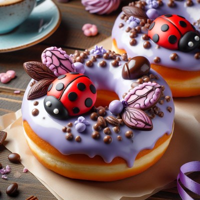 Purple glazed doughnut with ladybug decoration