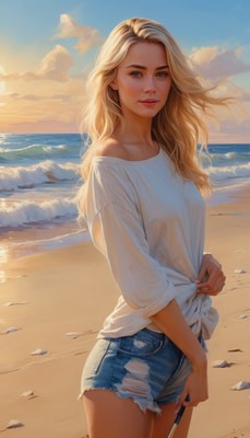 Blonde woman on beach at sunset