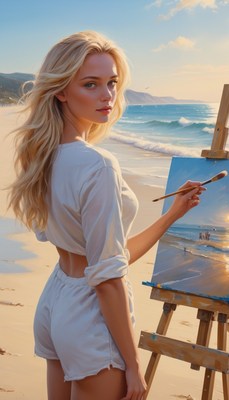 Blonde woman painting on beach at sunset
