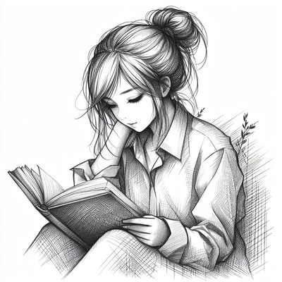 Woman reading book in pencil sketch