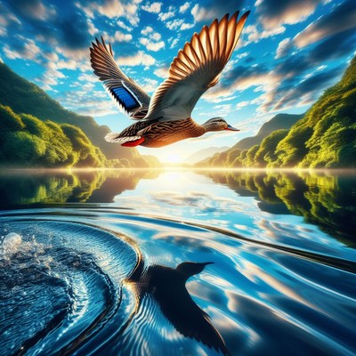 Duck flying over lake at sunset