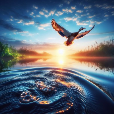 Duck flying over sunrise river