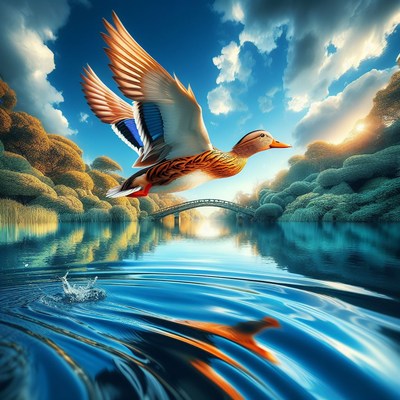 Duck flying over lake and bridge