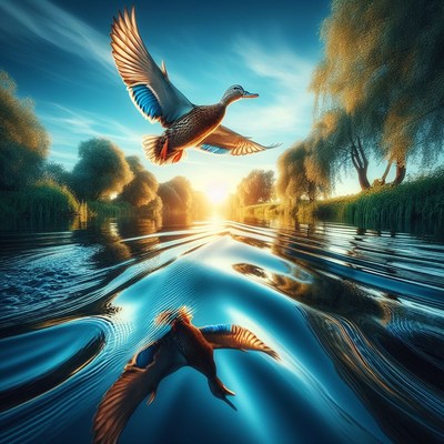 Duck flying over river at sunset